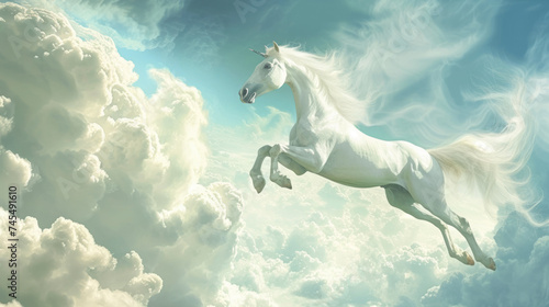 A white horse flying through the sky with clouds, with a sleek metallic finish.