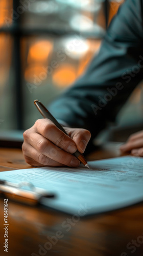A businessman signs a document on a table under soft, atmospheric lighting with non-representational forms.