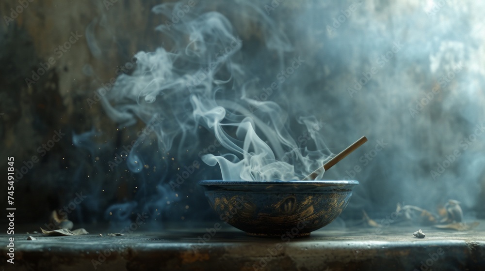 A bowl of smoke contains a wooden stick, in light silver and navy, with intricate layering and a soft-focus technique. A bowl of smoke contains a wooden stick, in light silver and navy, with intricate layering and a soft-focus technique.