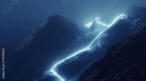 Two lights create a line on the top of a mountain, featuring luminous 3D objects, conceptual digital art in dark white and light blue, conceptual embroideries, and a tilt shift effect. photo