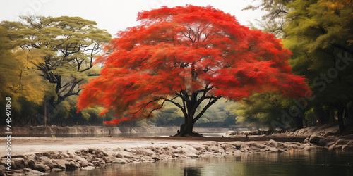 A majestic tree with vibrant red leaves stands gracefully near the tranquil body of water, creating a harmonious scene in natures embrace. Landscape wallpaper background photo
