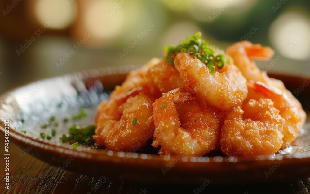 Crispy fried shrimp on a brown plate, in a Japanese-inspired imagery style, with sharp focus and luminous glazes. Crispy fried shrimp on a brown plate, in a Japanese-inspired imagery style, with sharp focus and luminous glazes.