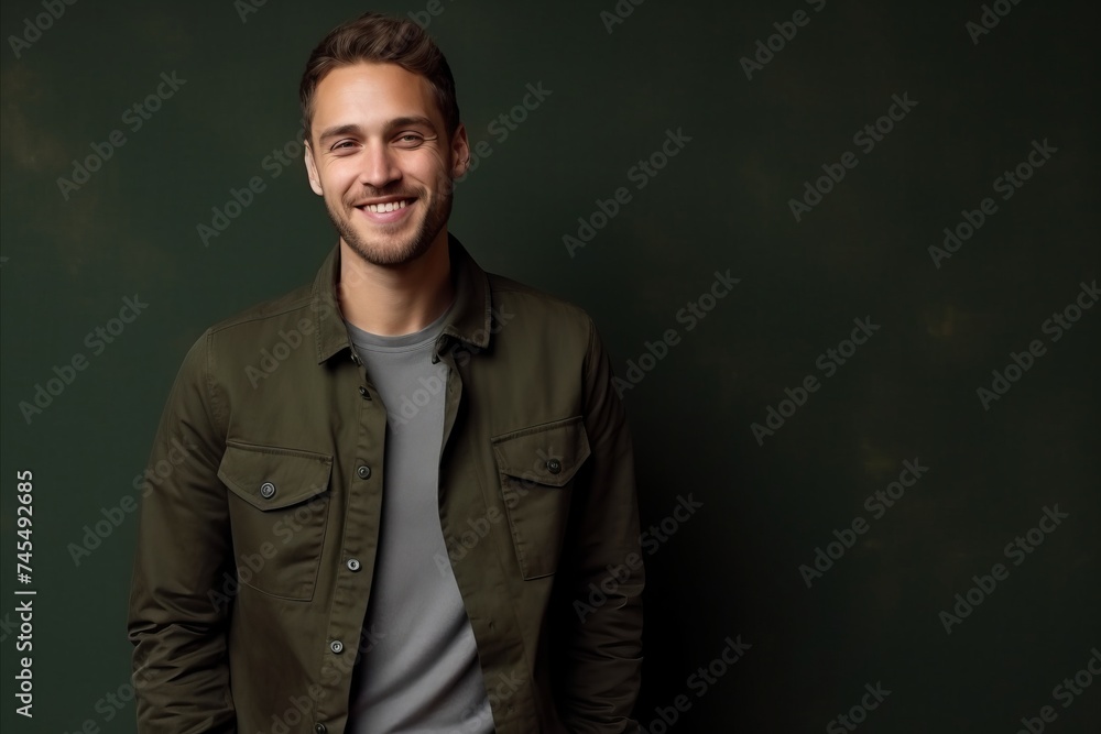 Portrait of a handsome young man smiling at the camera while standing against a green background