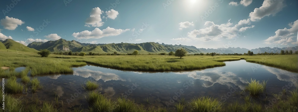 Amazing panoramic view of a green grass lands from Generative AI Amazing panoramic view of a green grass lands from Generative AI