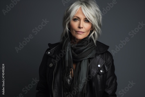 Portrait of a beautiful mature woman in black leather jacket and scarf. © Inigo