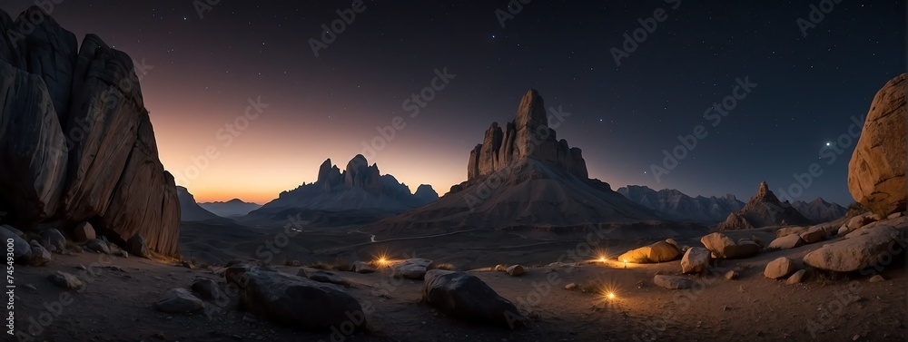Amazing panoramic view of mountain rock formations at night from Generative AI