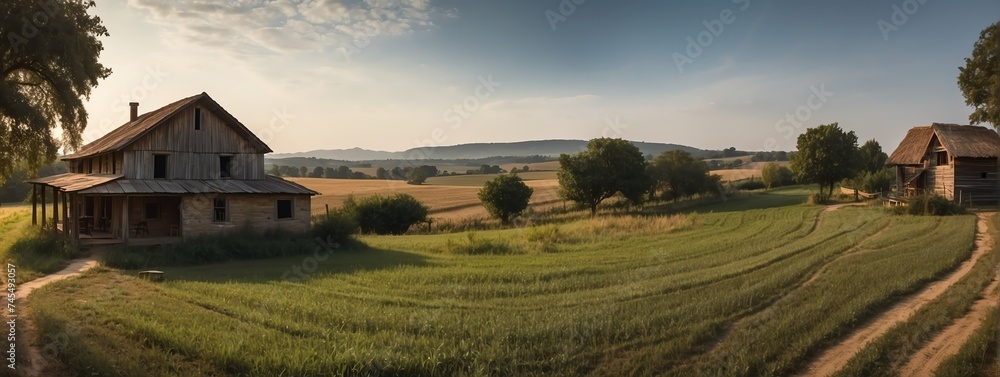 Amazing panoramic view of rural farmhouse with wooden fence from Generative AI
