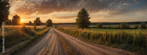 Amazing panoramic view of rural country road in the woods at sunset from Generative AI