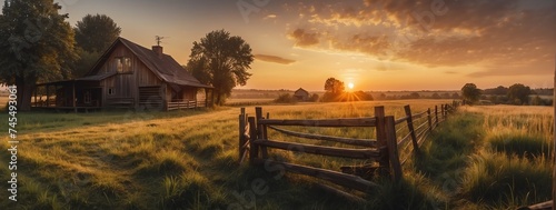 Amazing panoramic view of rural farmhouse at sunset with wooden fence from Generative AI photo