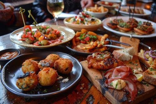 Delightful array of tapas on rustic serving plates in an inviting pub environment © P