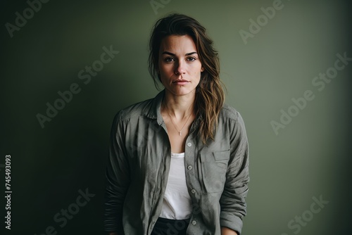 Portrait of a beautiful young woman with long hair in a green shirt