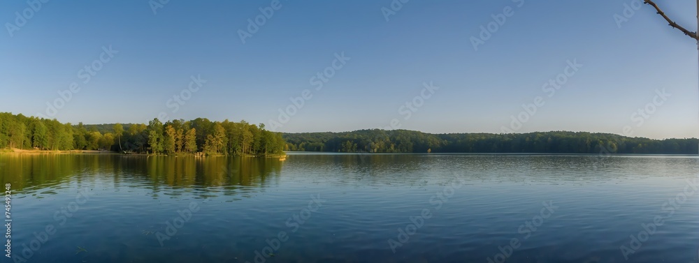 Panoramic view of a lake with clear sky from Generative AI