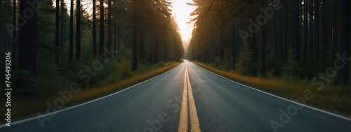 Panoramic view of a concrete road in the middle of a forest at autumn fall sunset from Generative AI