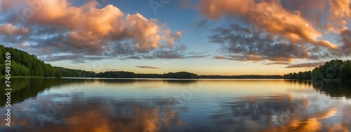 Panoramic view of a lake with cloudy sky at sunset from Generative AI © Arceli