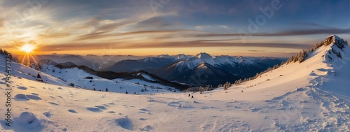 Panoramic view of a snowy winter mountain landscape at sunset from Generative AI