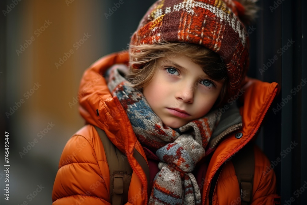 Outdoor portrait of cute little boy wearing warm clothes and scarf. Outdoor portrait of cute little boy wearing warm clothes and scarf.