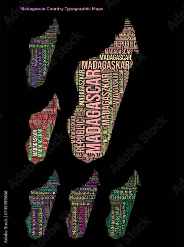 Madagascar. Set of typography style country illustrations. Madagascar map shape build of horizontal and vertical country names. Vector illustration.