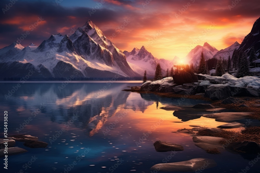 Mountains art sunset lake. Landscape view. Generate Ai Mountains art sunset lake. Landscape view. Generate Ai