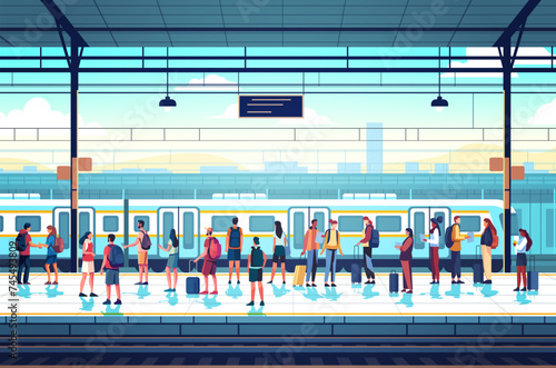 passengers with baggage standing on railway station people waiting on platform public transport transportation concept