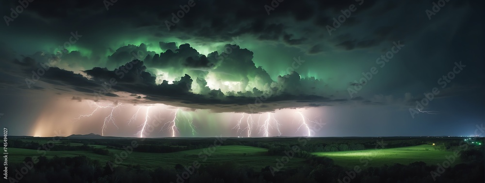 Wide angle panoramic view of a green lightning strike on very dark night sky background from Generative AI