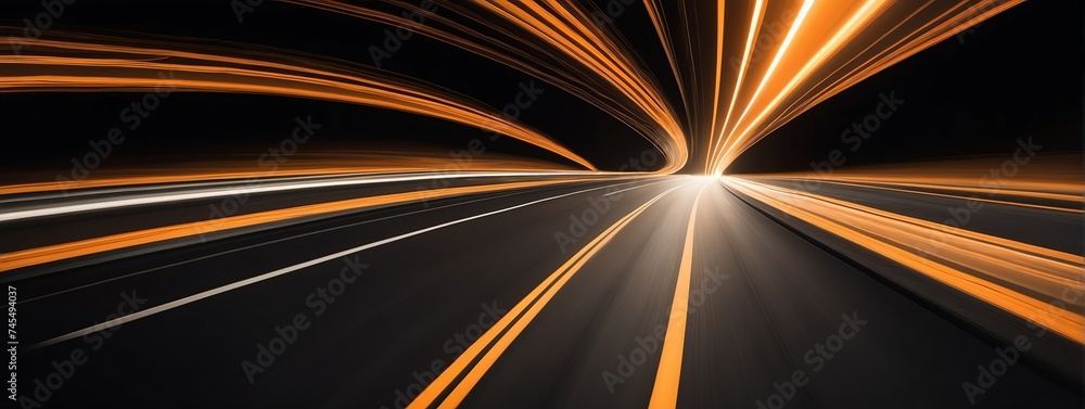 Wide angle panoramic view of a orange speed of light curved motion path concept rays on plain black background from Generative AI Wide angle panoramic view of a orange speed of light curved motion path concept rays on plain black background from Generative AI