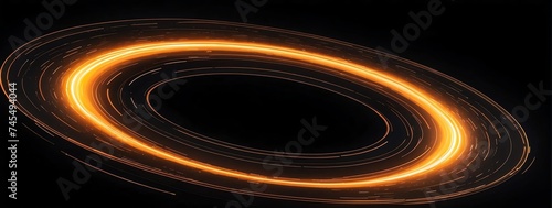 Wide angle panoramic view of a orange speed of light curved motion path concept rays on plain black background from Generative AI