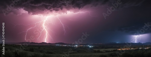 Wide angle panoramic view of a pink lightning strike on very dark night sky background from Generative AI