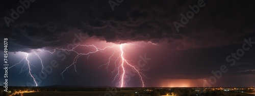 Wide angle panoramic view of a red lightning strike on very dark night sky background from Generative AI