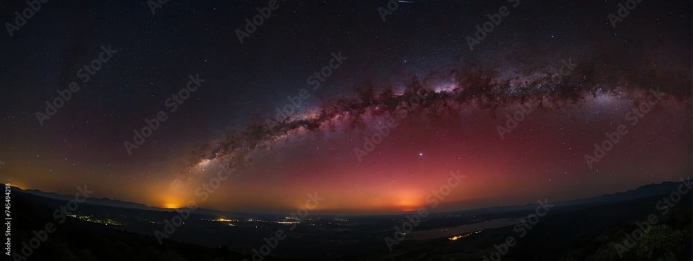 Wide angle panoramic view of dark red sky at night full of bright stars from Generative AI