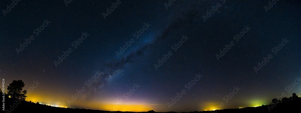 Wide angle panoramic view of dark sky at night full of bright star from Generative AI Wide angle panoramic view of dark sky at night full of bright star from Generative AI