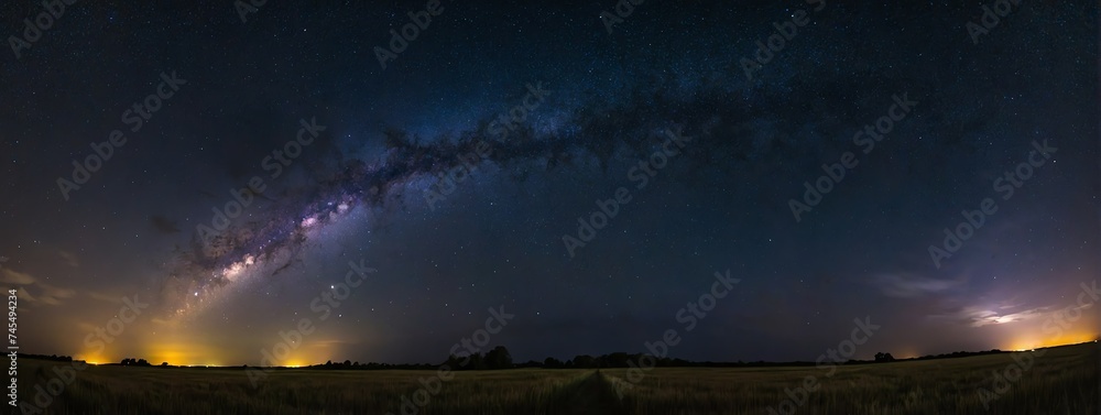 Wide angle panoramic view of dark sky at night full of bright star from Generative AI