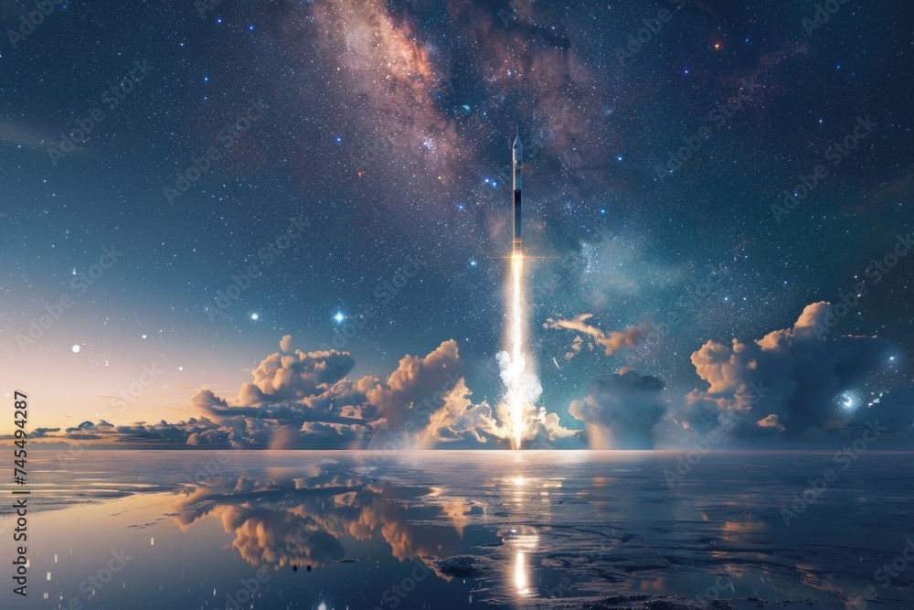 Reflective Waterfront Rocket Launch: Tranquil Reflections of a Powerful Liftoff