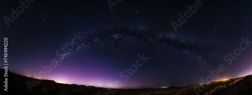 Wide angle panoramic view of dark purple sky at night full of bright stars from Generative AI © Arceli
