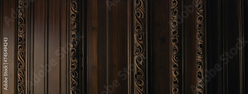 Wide angle panoramic view of dark wood crafted traditional paneling wall classic vintage luxury texture from Generative AI