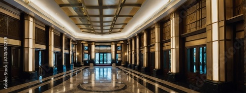 Wide angle panoramic view of old theme interior of a luxury hotel lobby hall passage way from Generative AI