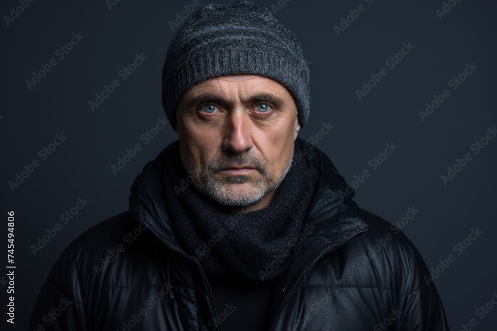 Portrait of a middle-aged man in a hat and jacket on a dark background. Men's beauty, fashion. Portrait of a middle-aged man in a hat and jacket on a dark background. Men's beauty, fashion.