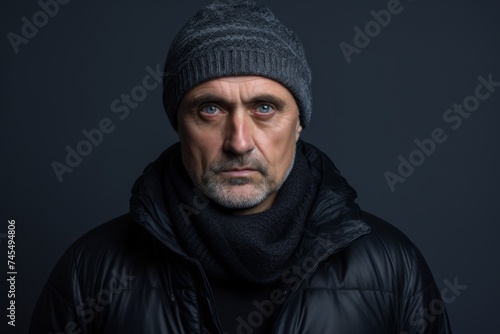 Portrait of a middle-aged man in a hat and jacket on a dark background. Men's beauty, fashion.