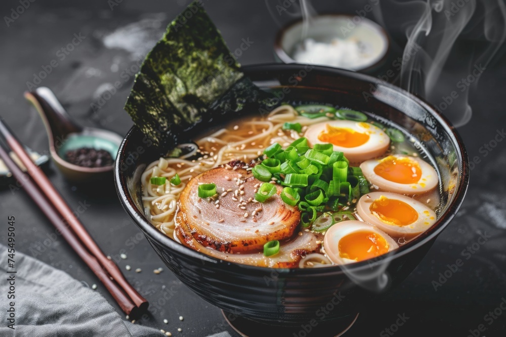 Authentic Tonkotsu Ramen Bowl with Soft Boiled Eggs and Pork Belly Authentic Tonkotsu Ramen Bowl with Soft Boiled Eggs and Pork Belly