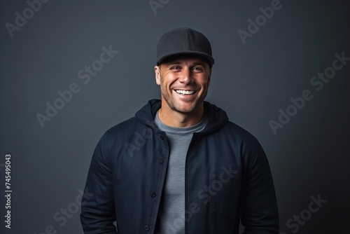 Portrait of a happy casual man in a black cap and jacket.