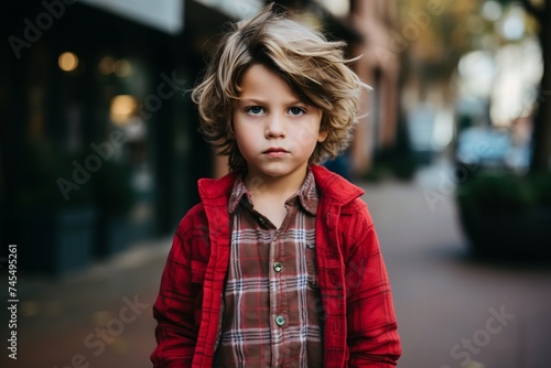 Portrait of a cute little boy with blond curly hair on the street.