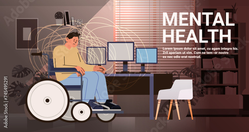 sad disabled man sitting in wheelchair depressed guy suffering from psychological diseases anxiety mental health awareness month concept