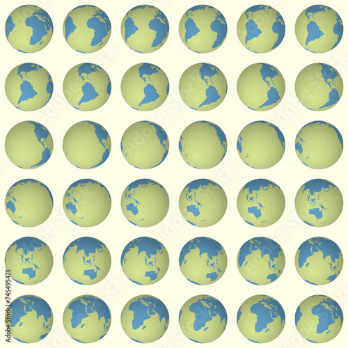 Collection of earth globes. Tilted sphere view. Rotation step 10 degrees. Solid color style. World map with sparse graticule lines on creamy background. Enchanting vector illustration.