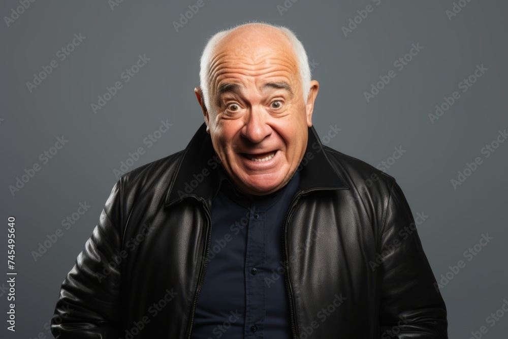 senior man with leather jacket and surprised facial expression on grey background senior man with leather jacket and surprised facial expression on grey background