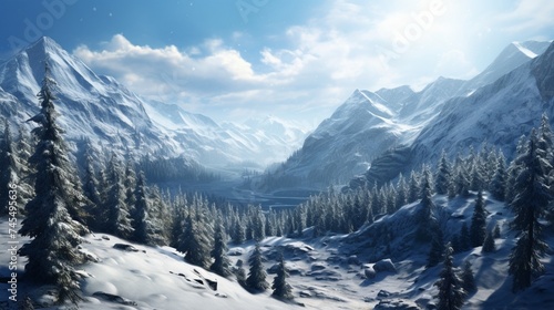an elegant scene of a High Alpine Valley blanketed in snow conveying the peace of winter