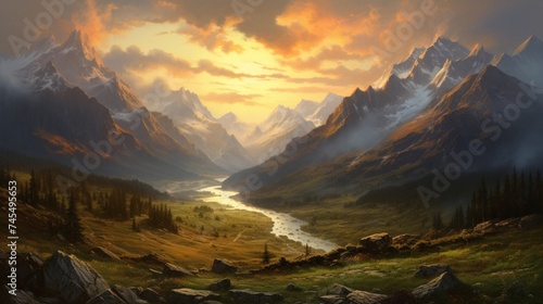 an elegant scene of a High Alpine Valley painted with the colors of a setting sun