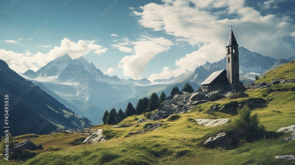 an image of a solitary mountain chapel surrounded by the grandeur of High Alpine Peaks