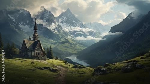 an image of a solitary mountain chapel surrounded by the grandeur of High Alpine Peaks