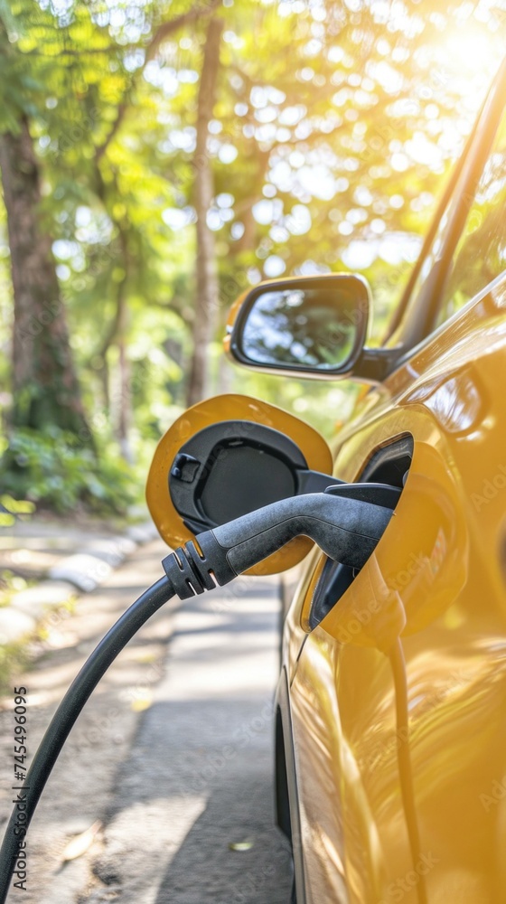 Electric car charging in the forest. Generative AI. Electric car charging in the forest. Generative AI.