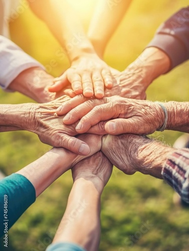 Group of elderly people holding hands together. Generative AI.