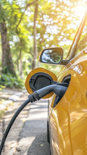 Electric car charging in the forest. Generative AI.